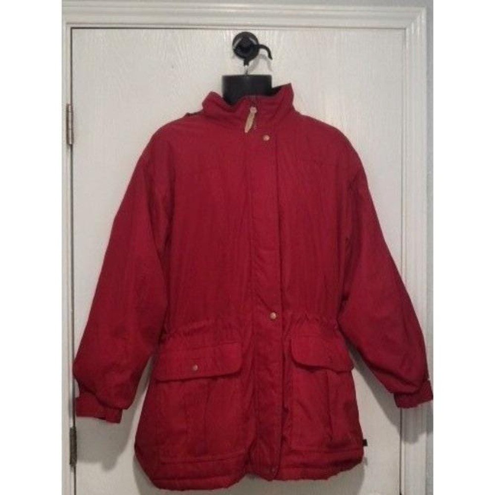 VTG Woolrich‎ Womens Large Red Hooded Insulated Parka Jacket Coat Drawstring